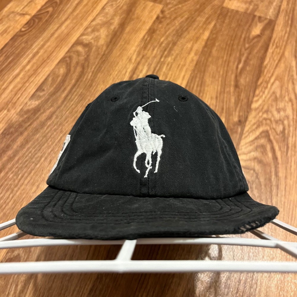 Vtg‎ Polo Ralph Lauren Baseball Hat Cap Blck Embroidered Polo Player #3 Big Pony